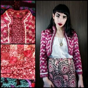 Vintage 1970s Pink Cottagecore Patchwork    Floral Cropped Bolero Jacket